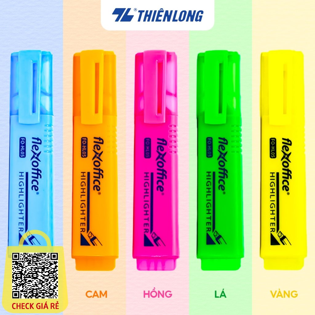 Bút dạ quang Thiên Long FlexOffice FO-HL05 với 5 màu mực tươi sáng - Vàng/ Cam/ Hồng/ Xanh/ Lá phản quang tốt - bề rộng 4mm