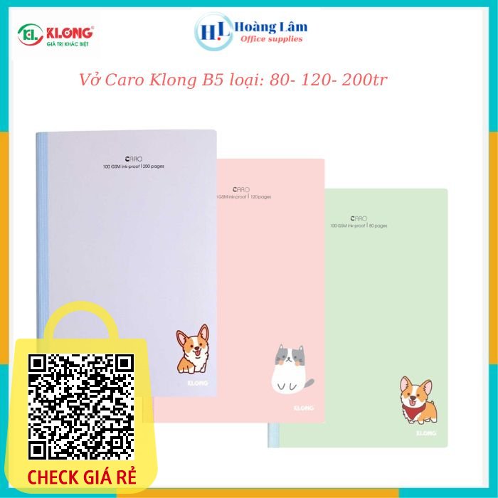 Vở Klong caro B5 80 trang - 120 trang - 200 trang caro may dán gáy bìa màu Pastel - sổ Klong MS 834 - 835 - 836